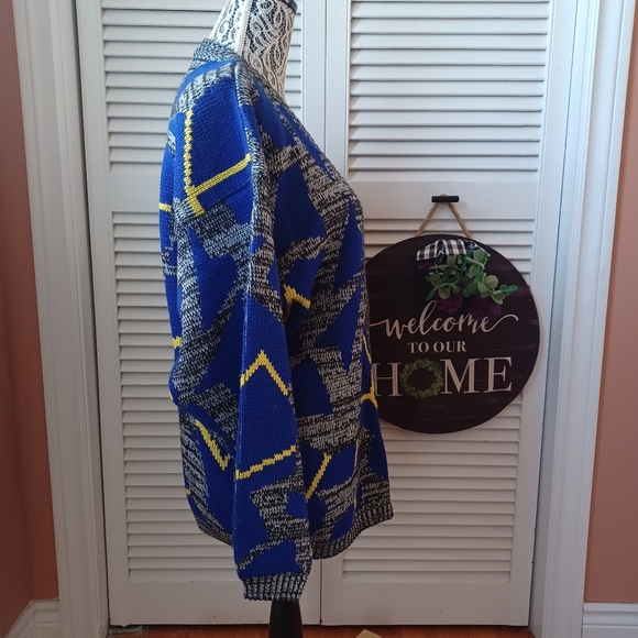 Vintage Tangiers 80's Style Blue / Yellow Retro Geometric Cardigan Grandpa Cozy - Picture 4 of 11